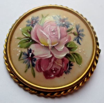 Broche Ancienne En Porcelaine De Limoges - Camée Floral Couleur Or, Bijou Vintage Parfait état