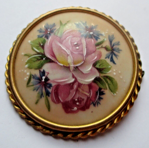 Broche Ancienne En Porcelaine De Limoges – Camée Floral Or – Vintage