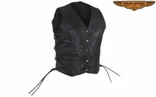 Women's Motorcycle Leather Vest 2XL Solid Black - Button Snap Closure Biker Club