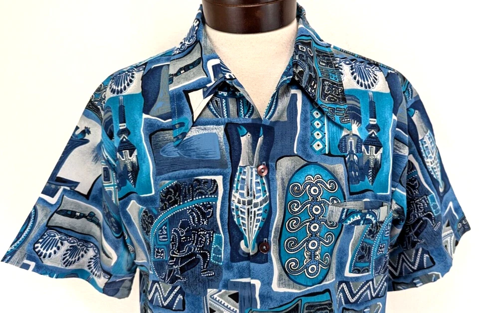 Camisa de vestir hawaiana vintage años 70 BAREFOOT IN PARADISE para hombre TRIBAL azul L ¡EXCELENTE ESTADO! * Foto 2 de 4