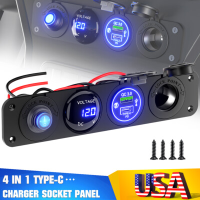 4 in 1 Blue Rocker Switch Panel LED Voltmeter,Charger,USB Cigarette Lighter