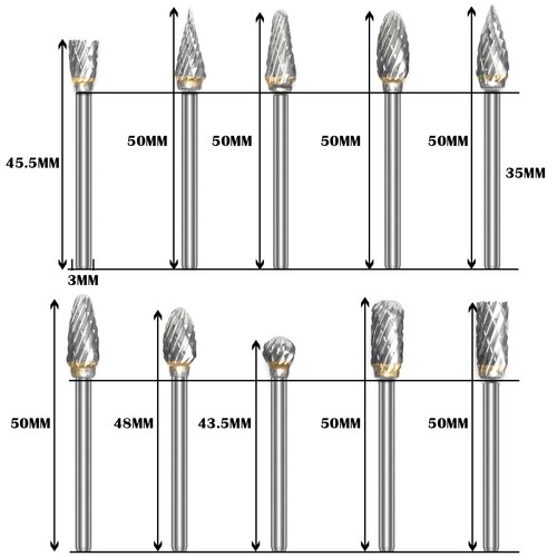 10pcs 1/8" Tungsten Carbide Burr Rotary Drill Bits Tools Cutter Files Set CS - Picture 2 of 10