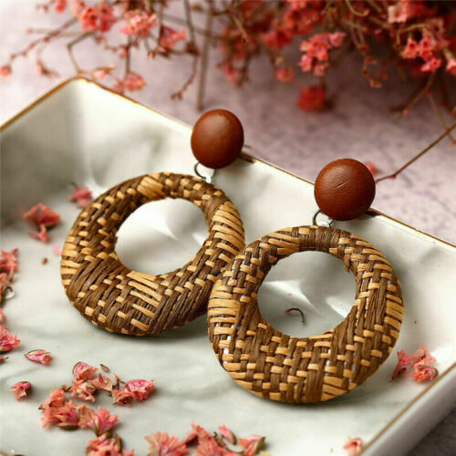 Wood Earrings Jewelry Bamboo Dangle Geometric Rattan Circle Women 2024 Fashion - Picture 3 of 18