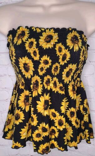Vtg 90s Y2k Black Sunflowers Smocked Stretch Strapless Crop Tube Top Sz M Rue 21 - Afbeelding 1 van 8
