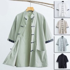 Giacca Camicia Tang Uomo Cinese Kung Fu Tai Chi Manica Corta Pulsante A Rana