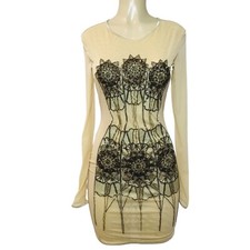 Kora Rae Mesh Beaded Dress Size M Beige Mini Bodycon Long Sleeve Lace Preppy