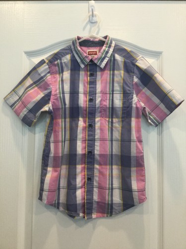 Wrangler Boys Dress Shirt Size S 6/7 Blue Pink Multicolor Plaid Short Sleeve 214