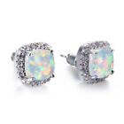 Opal Gemstone Silver Stud Hook Earrings European Classical Square Cut White Fire