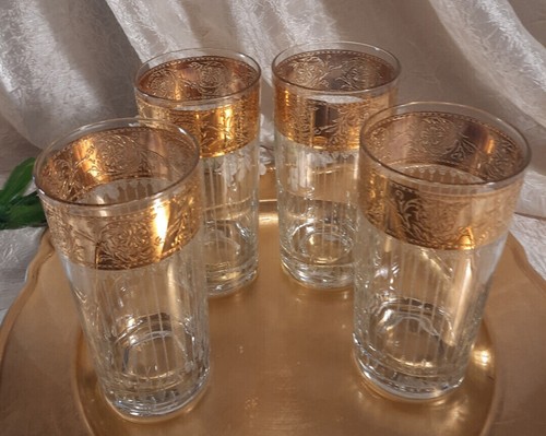 4 Rare Culver TYROL Embossed Gold Rim Highball Glasses Set Lot - Picture 2 of 9