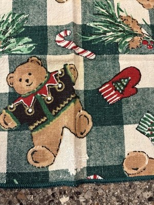 Vintage Christmas Teddy Bear Green Check Fabric Napkins 2 Mitten Pine Candy cane