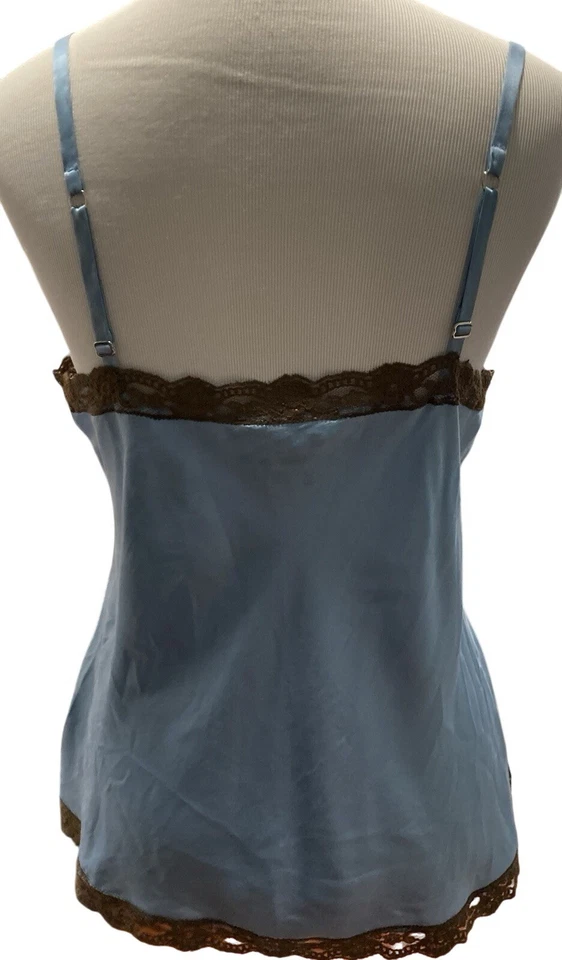 Y2K Cami Tank Top 1X Blue Silk Embroidered Flowers Fairy Lace Ethereal Whimsy - Image 4 of 4