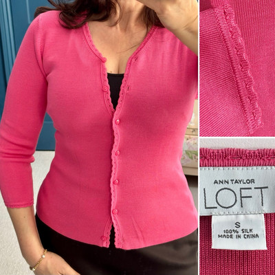 Ann Taylor Loft 100% Seide Strickjacke Gr. S (UK 10) Magenta Rosa Super Weich