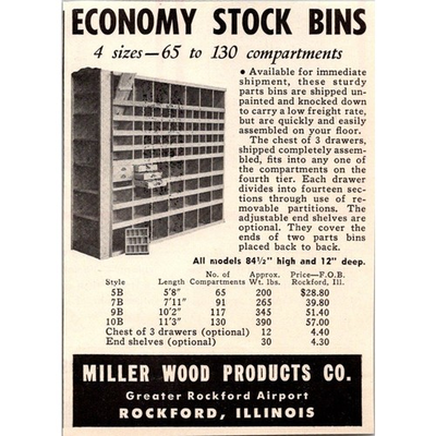 #ad #ad Miller Wood Products Co. Economy Stock Bins Rockford IL 1953 Ad SAI2 H7 $27.00