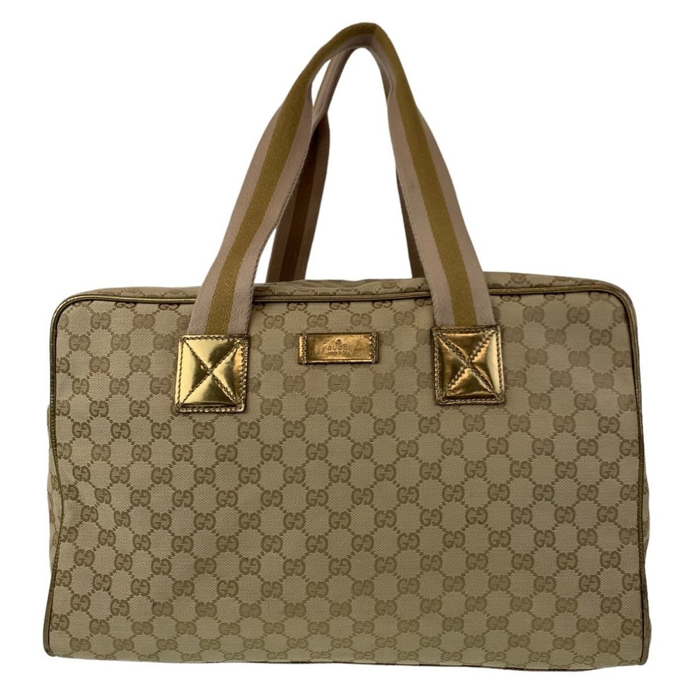 GUCCI GG Canvas Boston Bag in Beige with Gold Hardware 153240