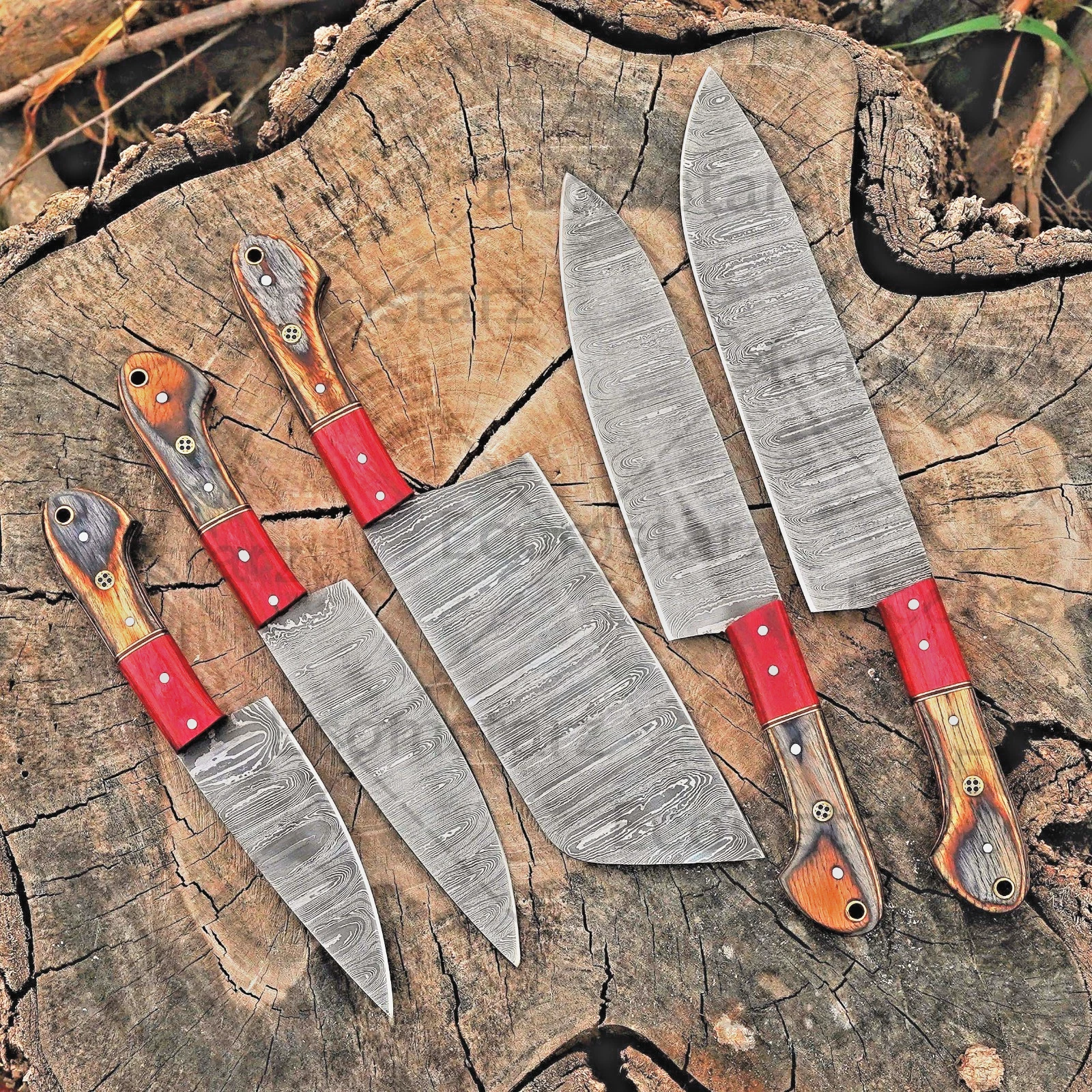Handmade Damascus Chef Knife Set of 5 with Leather Bag – Full Tang Blades
