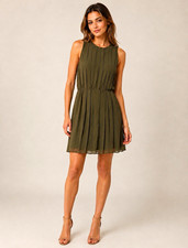 Michael Kors Women’s XXS Green Solid Round Neck Sleeveless Pleated Short Dress
