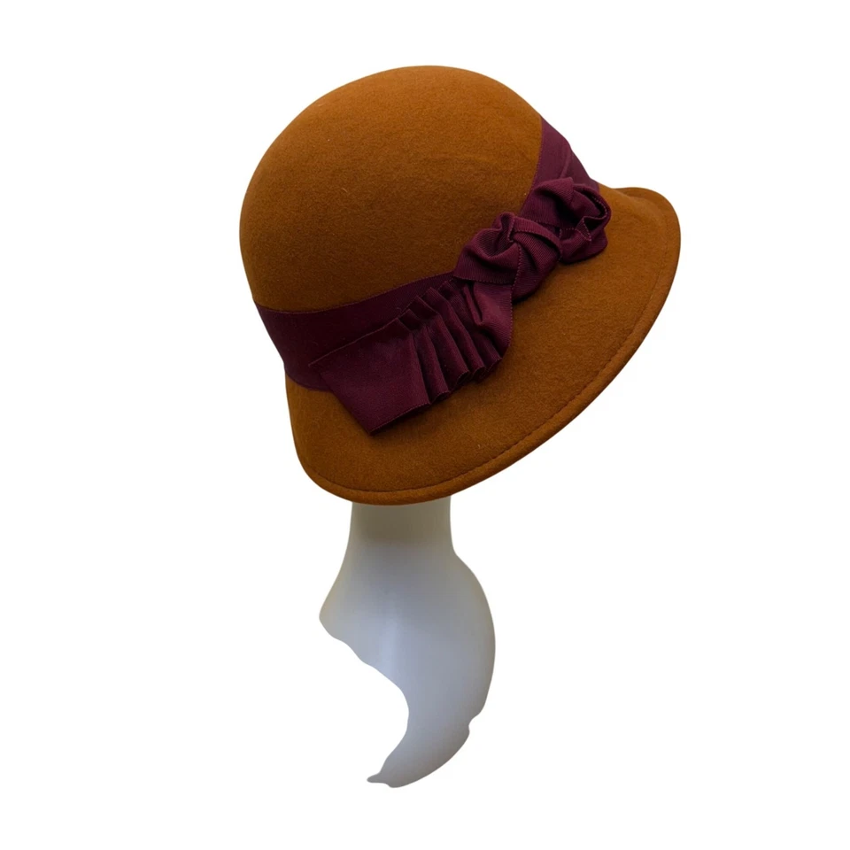 Sombrero de mujer Kathy Jeanne de fieltro marrón borgoña cinta Cloche elegante aspecto vintage Foto 2 de 4