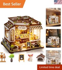 DIY Miniature House Kit, Pet Shop Book Nook Kit with LED Light, 3D Wooden Puz...