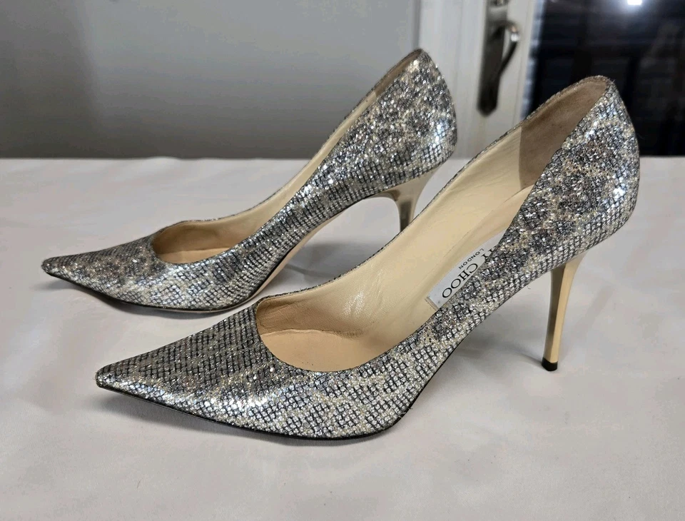 Designer JIMMY CHOO Size 39 US 8.5 Romy Pumps Champagne Glitter High Heels - Image 4 of 4
