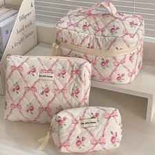 Cute Bow Flower Quilting Makeup Bag Women Zipper Cosmetic Organizer Female Cloth