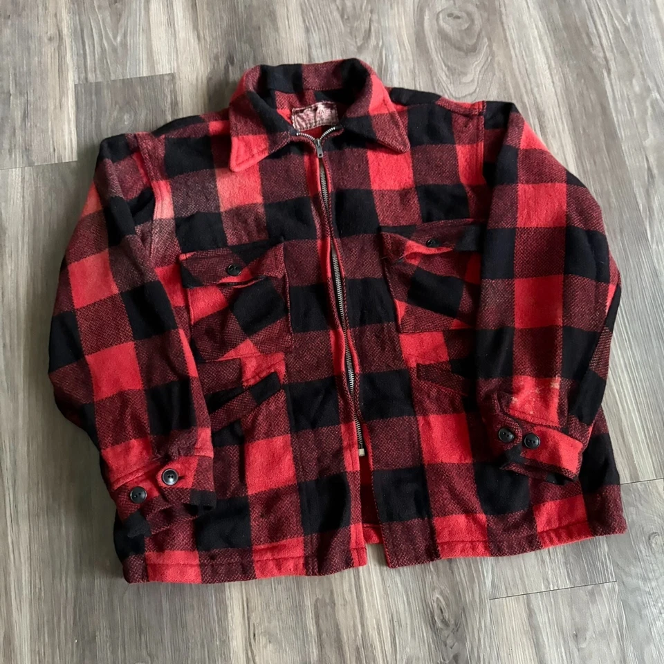 Vintage 1950s Windward Montgomery Ward Wool Buffalo Plaid Jacket Worn Size L - Image 2 of 4