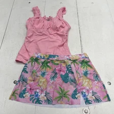 Tankini Swimsuit Set Womens Medium Pink Tropical Floral Swim Skirt Ruffle Skort