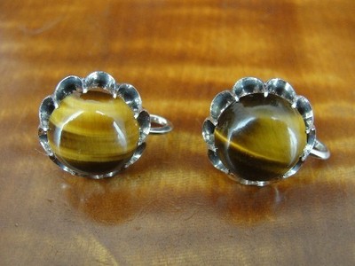 Vintage Tiger's Eye Stones Sterling Silver 925 Screw Back Earrings