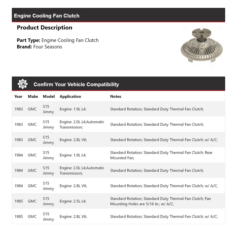 Embrague ventilador refrigeración motor Jimmy GMC S15 1983-1985 4 estaciones 1984 Foto 2 de 4