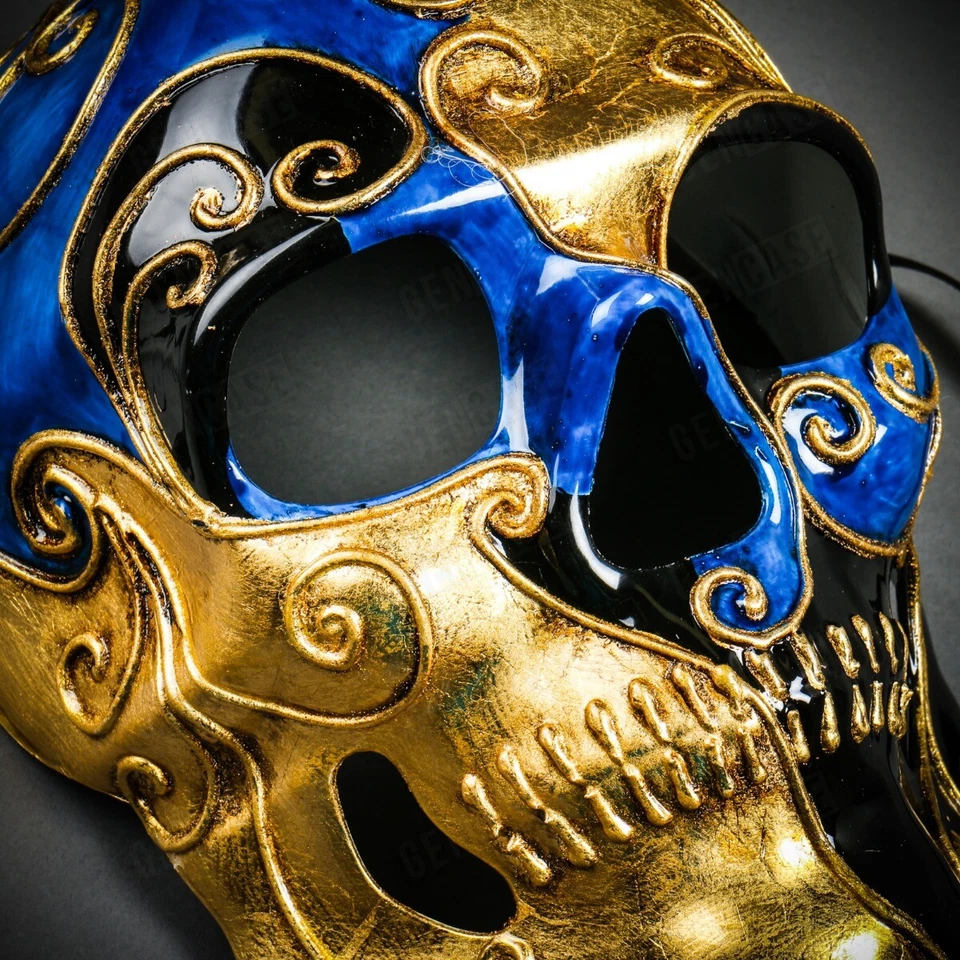 Day of the Dead Skull Mask Halloween Masquerade Venetian Costume Mask Blue Gold - Image 4 of 4