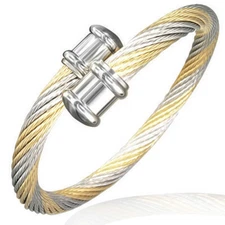 Stainless Steel Two-Tone Twisted Cable Rope Open End Bangle Bracelet