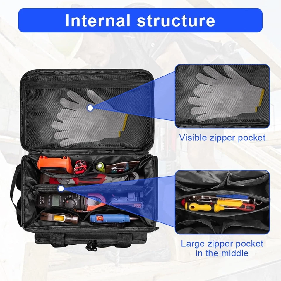 Tool Organizer Bag, Multi-pockets Heavy Duty Tool Bag Large Wide Open Mouth Tool - Image 3 of 4