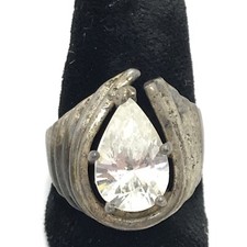 Vintage Sterling Silver Open Textured Design  Teardrop Cut CZ Ring sz 7