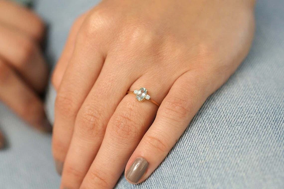 14K 585er Goldring 2 Diamanten 0,07ct Brillanten VS G-H & Aquamarin 0,50ct Edel - Bild 2 von 4