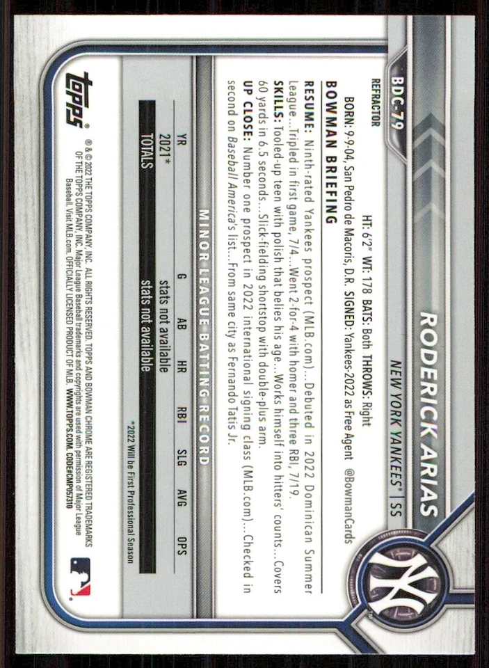 2022 Bowman Chrome Draft Refractors #BDC79 Roderick Arias - Image 2 of 2