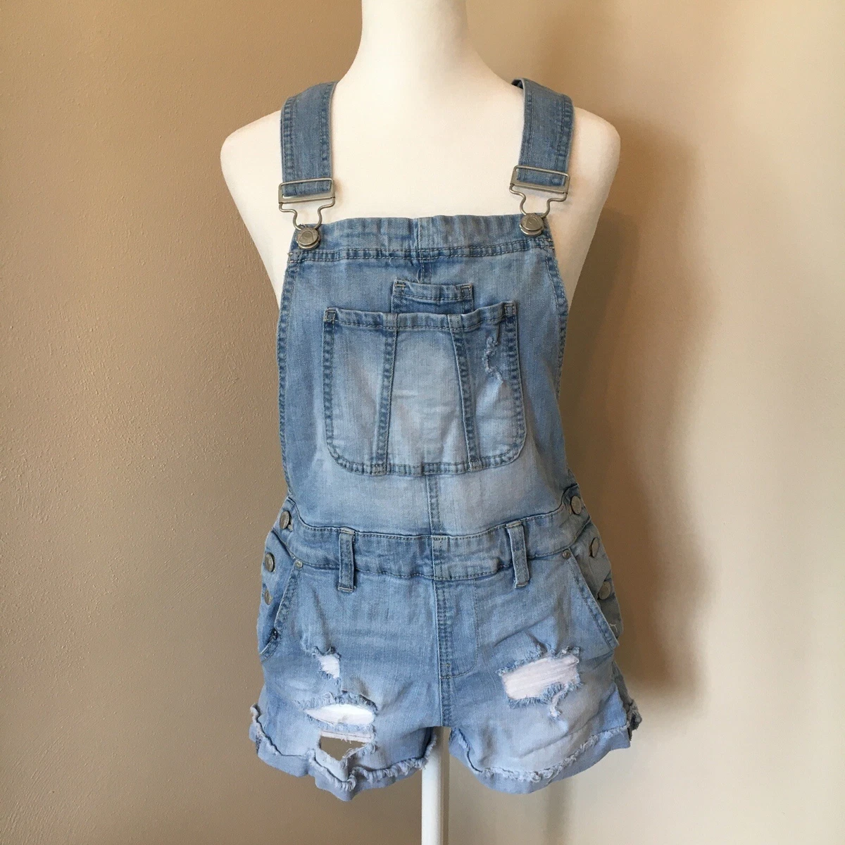 Blue Spice 5 Junior Distressed Light Washed Denim Blue Jean Bib Overalls Shorts