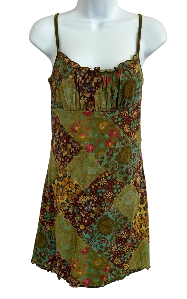 Vintage 90s Y2K Byer Too Babydoll Milkmaid Slip Dress Green FLoral Fairy Size L - Image 2 of 4