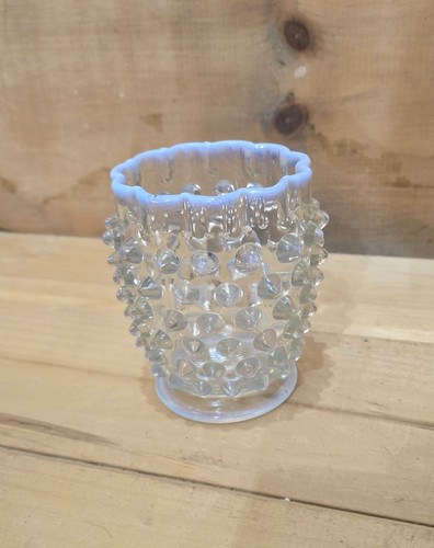 Clear Glass Opalescent Hobnail Vase With Blue Rim 4"W x 4-1/2"H - Picture 4 of 7