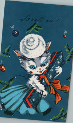 Vintage Postcard La Multi Ani Cat With Gift Christmas