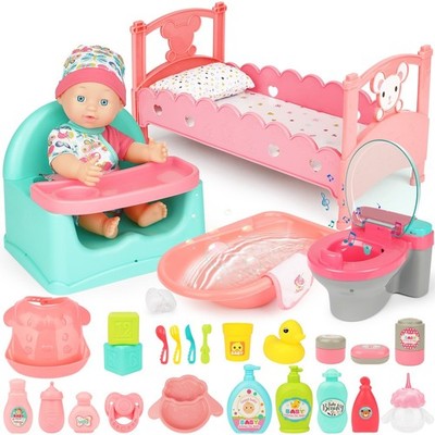 deAO Baby Doll Play Set, 25 PCS Baby Dolls Accessories with Doll High Chair S...
