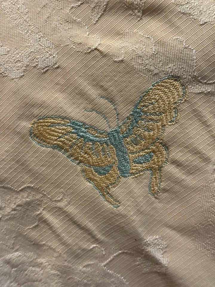 Tecido para cortina de estofamento jacquard brocado damasco borboleta bege/azulado/dourado - Imagem 4 de 4