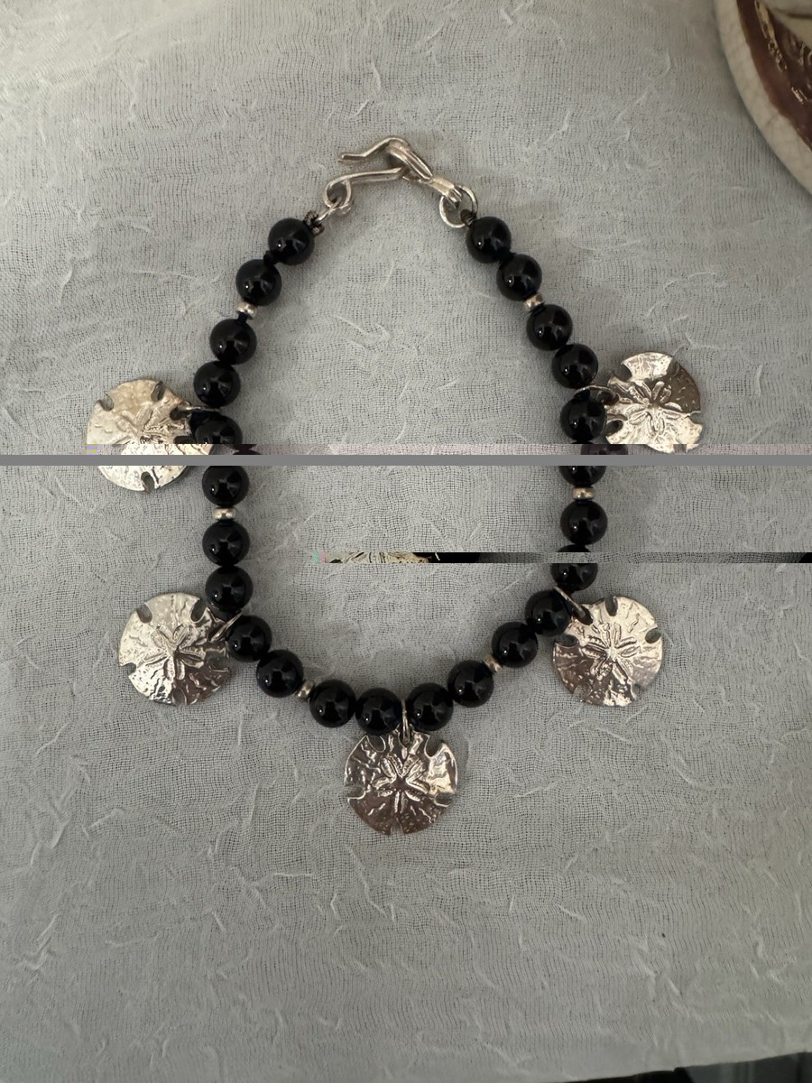 Black Onyx Beaded Bracelet With 5 Sterling Silver Sand Dollar Charms Hook Clasp View 5