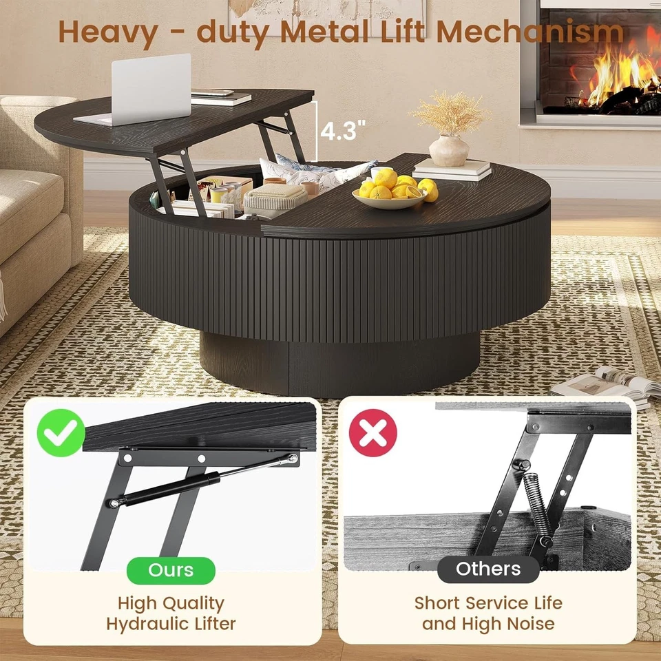 Mesa de centro redonda elevadora de 35,4" con almacenamiento, mesa central para salón Foto 4 de 4