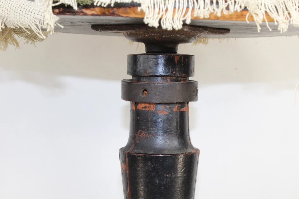 Antique Piano Bench Stool Seat Fabric Top Iron Legs Wood Base Primitive Stool - Image 4 of 4