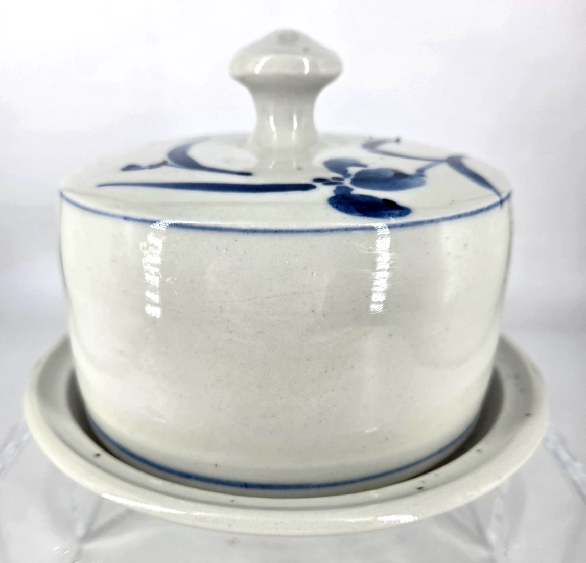 Japanese-inspired LIDDED COVERED BUTTER CHEESE DISH stoneware pottery 7" Signed