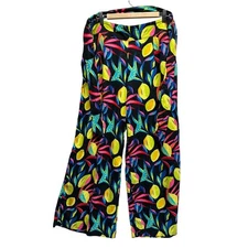 Tabitha Brown Linen Blend Pants Sz L Lemon Print Wide Leg Belted Palazzo
