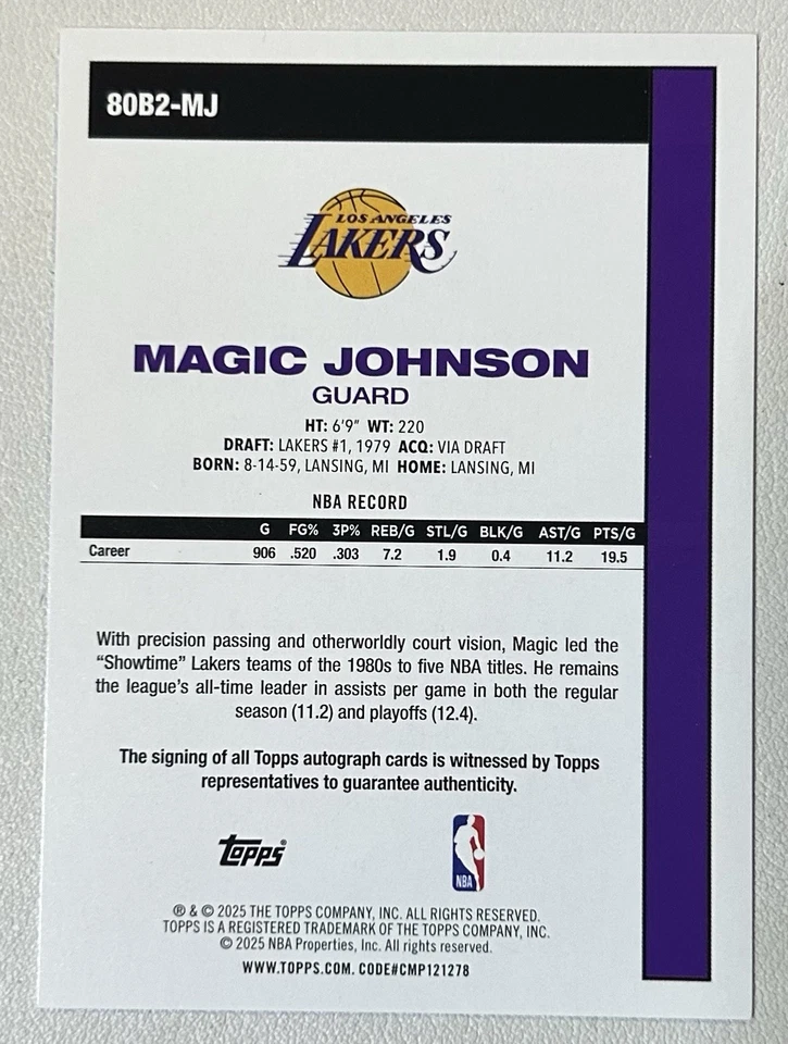 2015-26 TOPPS MAGIC JOHNSON RETRO ROOKIE AUTO BLACK #9/10 ‘80-81 - Image 2 of 2