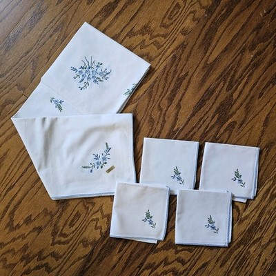 Brode Main Handmade Tablecloth 4 Napkins Blue Flowers Spring Easter 32'' Square 