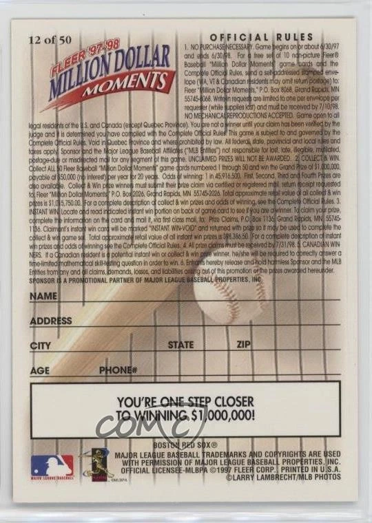 1997-98 Fleer Million Dollar Moments Roger Clemens #12 - Image 2 of 3