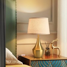 19.29" Modern Bronze Small Table Lamp, Linen Shade Bedside Lamp for Bedroom Nigh