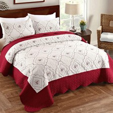 3 Pcs Embroidered Quilt Full/Queen Size Floral Bedspread Soft Breathable Flower
